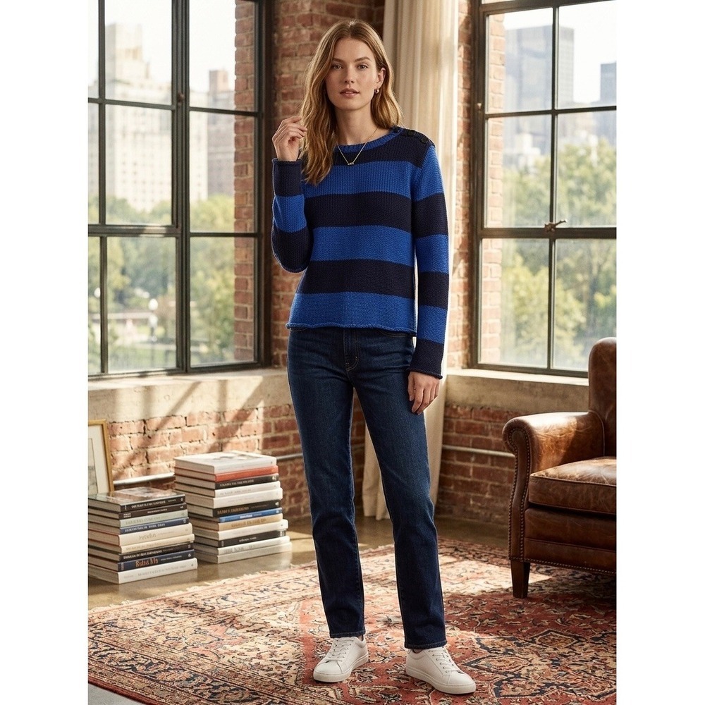 Lauren Ralph Lauren Petite Blue Navy Striped Shoulder Button Knit Sweater PS
